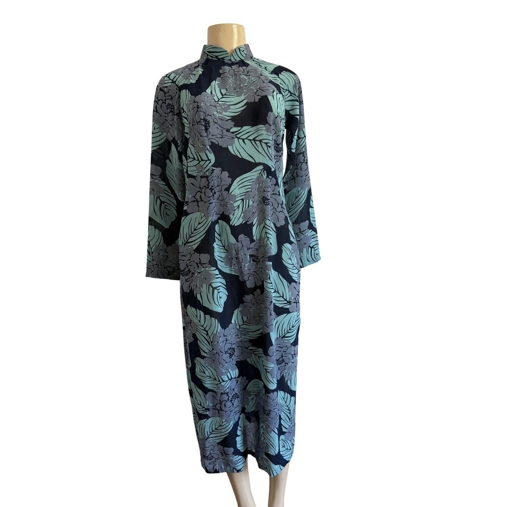 VTG 70s Nha May Thanh Chau Ao Dai Vietnamese Maxi Tunic‎ Dress Teal Floral Palm